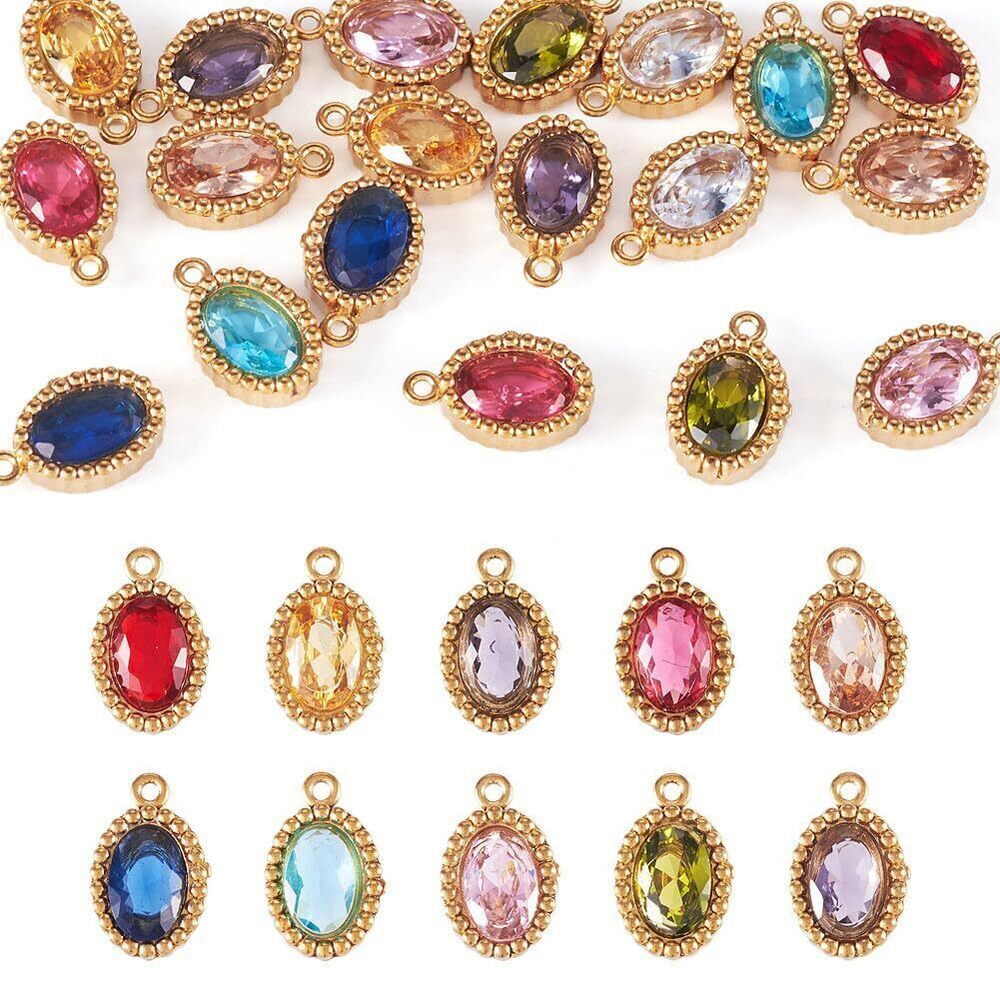 8485 20 Pcs Cubic Zirconia Charms with Real 18K Gold Plated Oval Sparkle